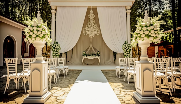 Configuration de la cérémonie de mariage blanc avec lustre et rideaux blancs Generative AI