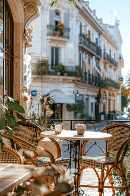 Configuration de chaises et de tables sur la rue de la ville AI générative