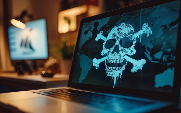 Photo une configuration à double écran montre une icône de crâne qui coule évoquant un message fort sur les cybermenaces un fond flou souligne le point focal sur les écrans mettant en évidence les risques potentiels de piratage