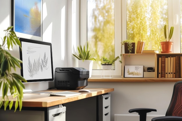 Configuration du bureau à domicile avec une imprimante informatique et de la lumière naturelle
