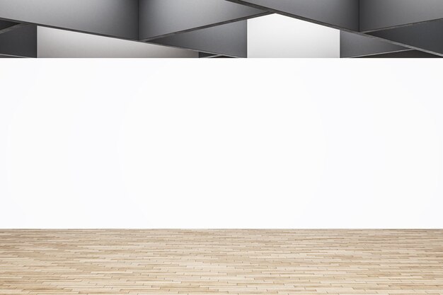 Photo configuration d'événement minimaliste avec un écran blanc proéminent et un sol en bois mock up rendering 3d