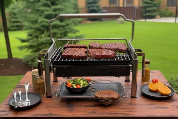 Photo configuration de grill extérieur avec steak et pinces créée avec une ia générative