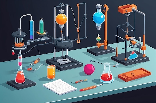 Photo configuration de laboratoire de physique avec pendules, aimants et appareils expérimentaux illustration vectorielle plate