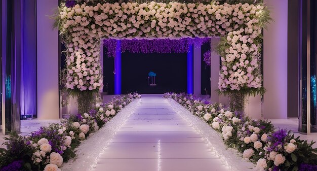 Une configuration de mariage blanche et violette avec des fleurs