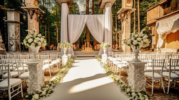 Configuration de mariage en plein air avec des fleurs blanches et un drap blanc Generative AI