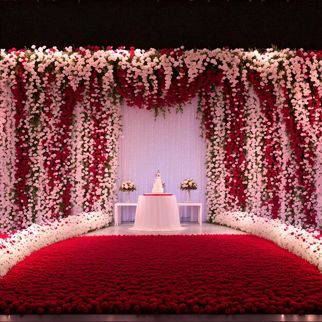 Une configuration de mariage rouge et blanc avec des fleurs et un gâteau