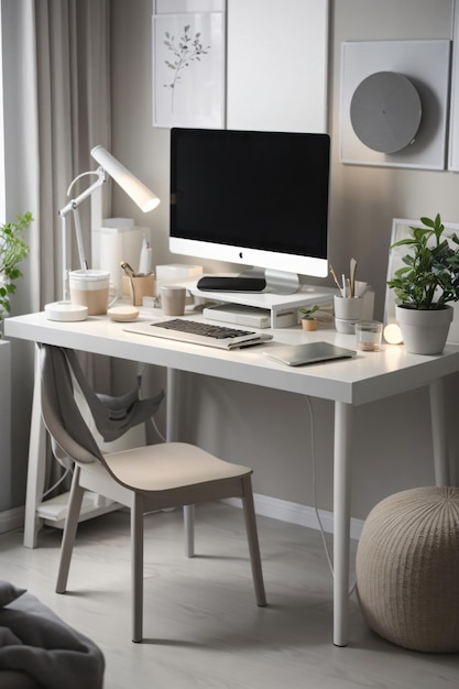 Photo configuration minimale du bureau à domicile avec des couleurs neutres grises