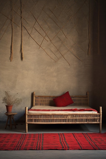 une configuration minimaliste d'un lit tissé Charpai traditionnel pakistanais