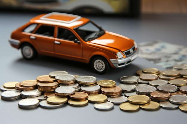 Configuration de la planification financière Calculatrice de modèle de voiture et pièces de monnaie sur une table blanche immaculée