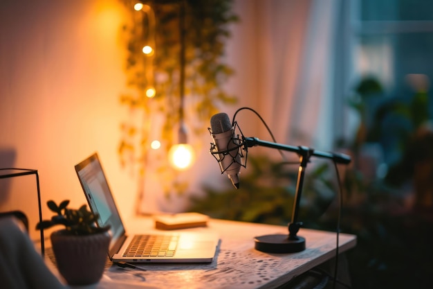 configuration de podcast avec microphone dans une pièce confortable éclairée par des lumières ambiantes chaudes et entourée de plantes