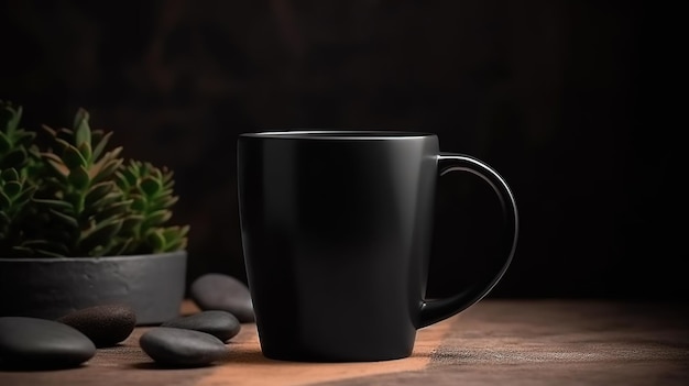 Configuration d'une tasse en céramique noire IA générative dans une tasse intérieure à la maison maquette vierge