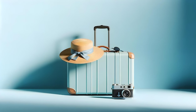 Une configuration à thème de voyage avec une valise bleue, un chapeau de paille, des lunettes de soleil et un appareil photo sur un fond bleu