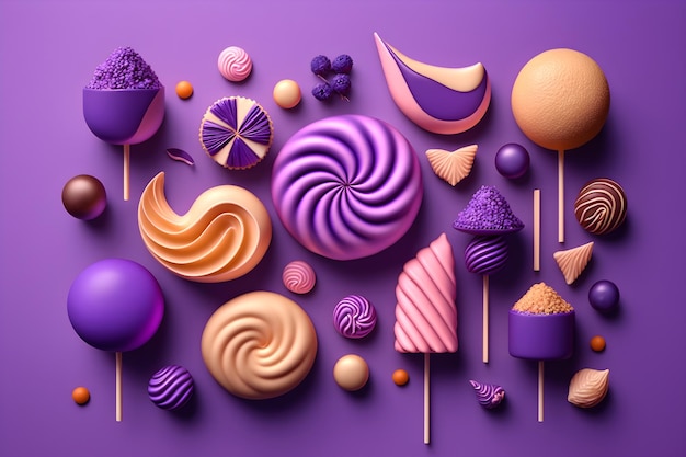 Confiserie Illustration de bonbons colorés sur fond violet Generative AI