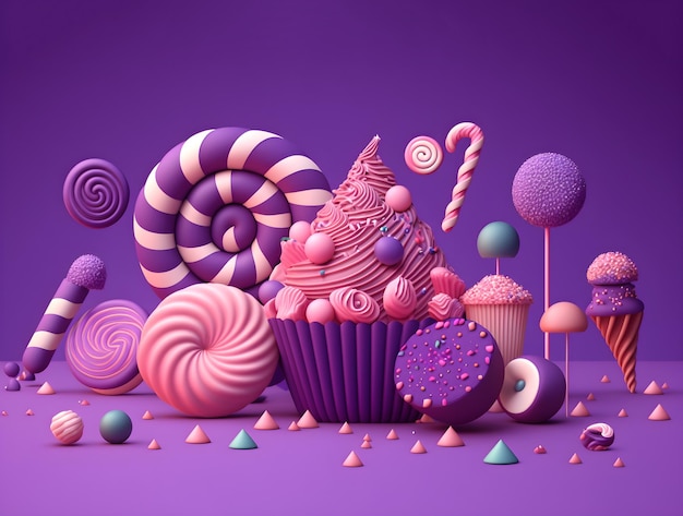 Confiserie Illustration de bonbons colorés sur fond violet Generative AI