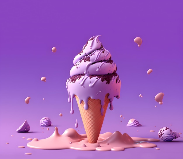 Confiserie Illustration d'un joli cornet de crème glacée aux baies sur fond violet AI générative