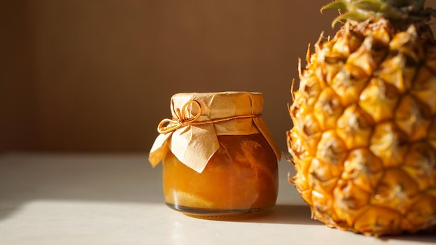 Confiture d'ananas dans un bocal en verre et fruits d'ananas frais sur fond clair avec des ombres dures du soleil Marmelade et confiture maison