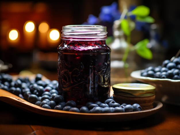 La confiture de bleuets dans un pot sur un fond avec des baies générée par l'IA