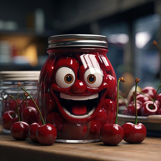 confiture de cerise dans un pot avec des yeux et un œil dans le style d'une caricature ludique