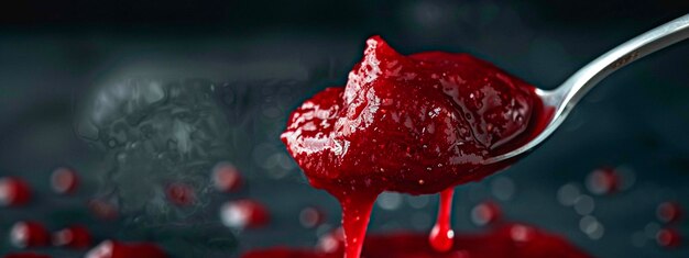 La confiture de fraise dans un gros plan de cuillère Focus sélectif