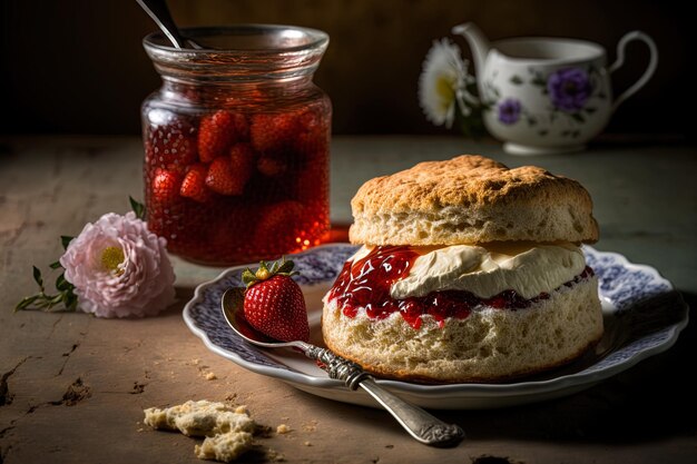 Confiture de fraises et crème caillée sur Scones