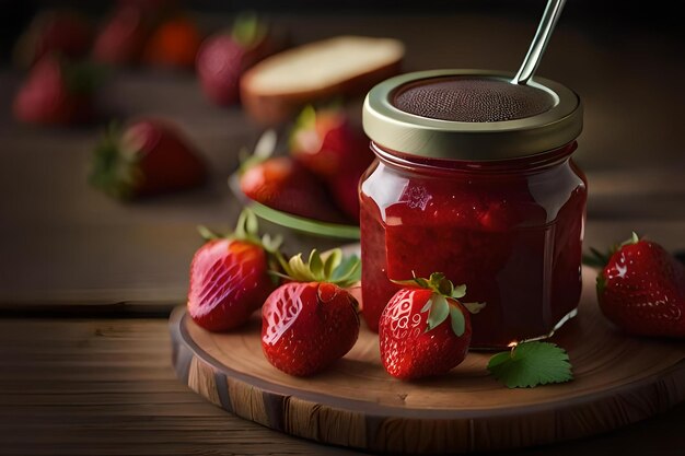 Confiture de fraises dans le bocal en verre avec des baies Generative Ai