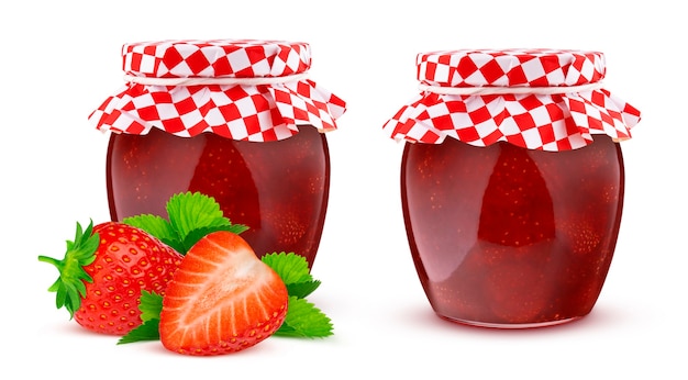 Photo confiture de fraises, pot de marmelade de fruits isolé sur fond blanc avec un tracé de détourage