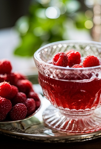 La confiture de framboise et les framboises dans un bol de cristal nourriture de campagne et idée de recette anglaise pour le menu blog alimentaire et livre de cuisine