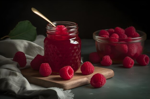 Confiture de framboises avec berry sur fond de bois