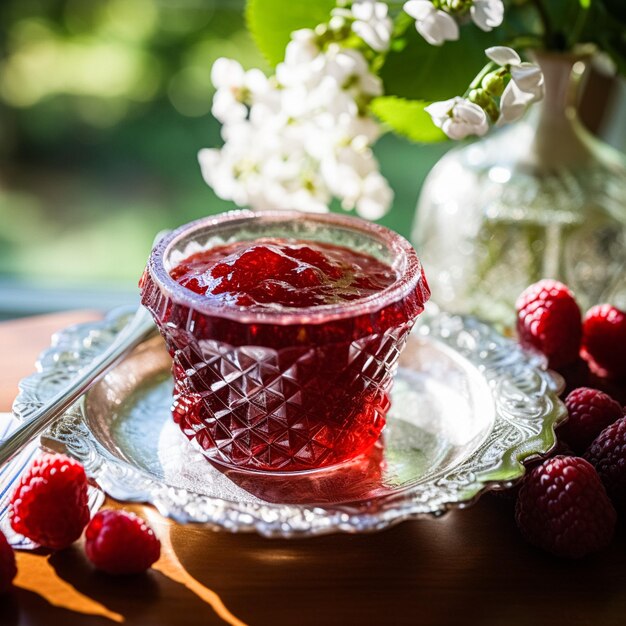 Confiture de framboises et framboises dans un bol en cristal cuisine de campagne et idée de recette anglaise pour le blog culinaire de menu et l'inspiration de livre de cuisine