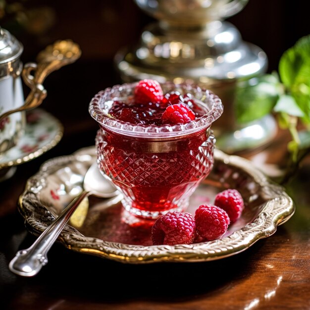 Confiture de framboises et framboises dans un bol en cristal cuisine de campagne et idée de recette anglaise pour le blog culinaire de menu et l'inspiration de livre de cuisine