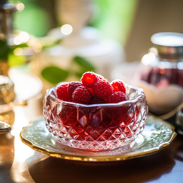 Confiture de framboises et framboises dans un bol en cristal cuisine de campagne et idée de recette anglaise pour le blog culinaire de menu et l'inspiration de livre de cuisine