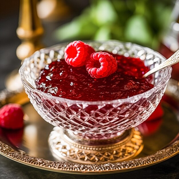 Confiture de framboises et framboises dans un bol en cristal cuisine de campagne et idée de recette anglaise pour le blog culinaire de menu et l'inspiration de livre de cuisine