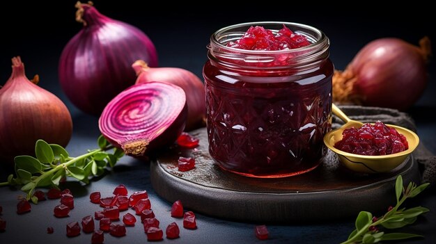 Confiture d'oignon rouge dans un pot de confiture de légumes