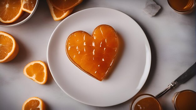 Une confiture d'orange en forme de cœur sur une assiette blanche avec des tranches d'oranges en arrière-plan