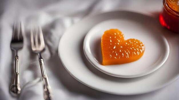 De la confiture d'orange en forme de cœur sur une assiette blanche