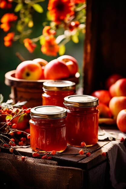 De la confiture de pommes dans un pot en verre, de la jamme de pommes sur un fond en bois, une délicieuse marmelade naturelle.