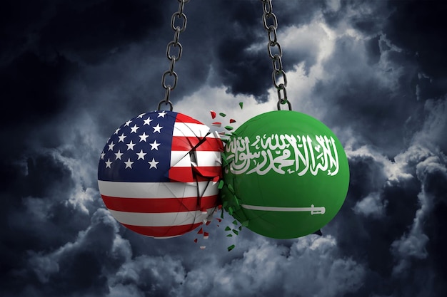 Conflit de relations entre les États-Unis et l'Arabie saoudite Concept d'accord commercial Rendu 3D