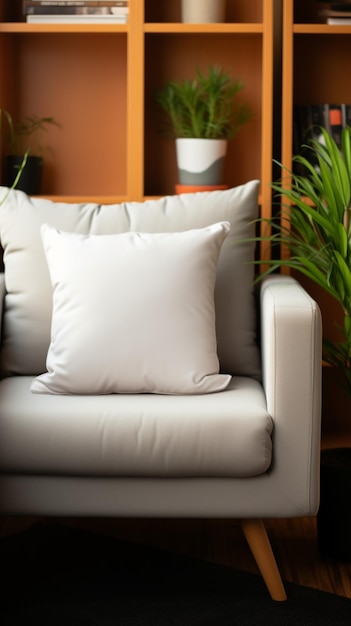 Confort intime Maquette d'oreiller carré blanc sur un fauteuil gris confortable Fond d'écran mobile vertical