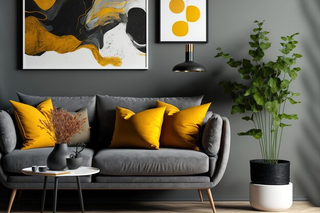 Un confortable canapé scandinave gris avec des oreillers jaune orange noir et marron se trouve dans un salon coloré avec des peintures murales abstraites