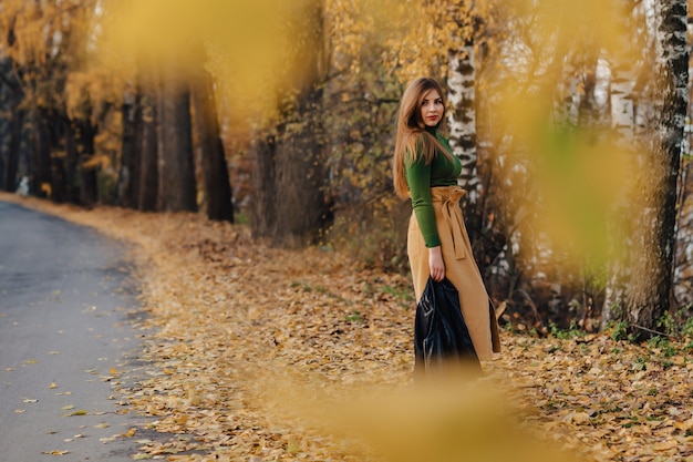 Confortable élégante jeune fille à pied au parc en automne