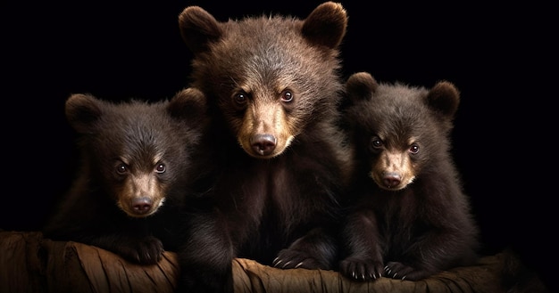 Photo confrérie des oursons bruns closeup portrait of cute brown bear kids sur fond noir beautifu