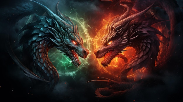 Confrontation de deux dragons vert et rouge