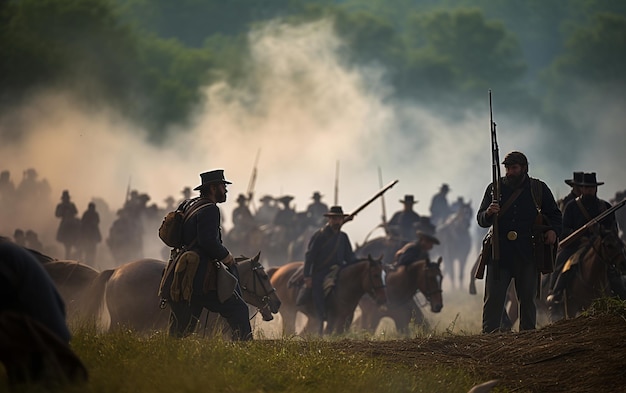 Confrontation épique Union contre Confédération à l'horizon fumé de Gettysburg