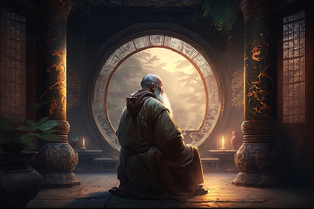 Confucius contemplatif dans un temple chinois enchanté entouré de lumière mystique