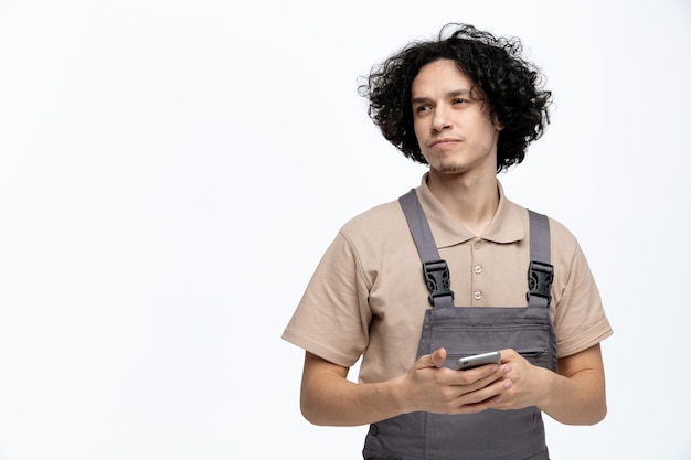 Confus jeune homme ouvrier du bâtiment portant l'uniforme tenant un téléphone portable regardant le côté isolé sur fond blanc avec espace de copie