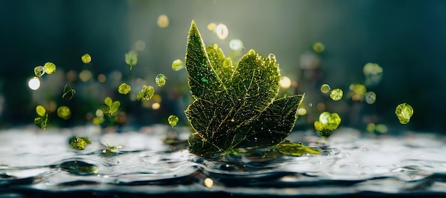 Congé vert fantastique fantastique flottant sur l'eau Illustration 3D numérique