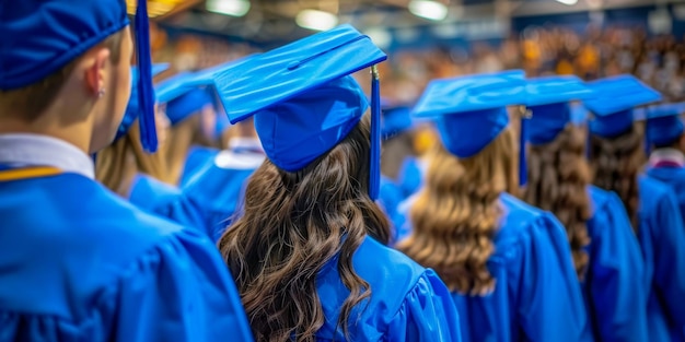 Une congrégation de diplômés en casquettes et robes bleues marque une étape importante de la vie
