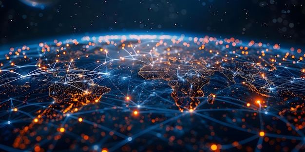 La connectivité mondiale symbolisée par la technologie de transfert de données de réseautage de cartes mondiales abstraites Le concept de connectivité globale La conception abstraite de la technologie de transferts de données de réseaux de cartes mondials