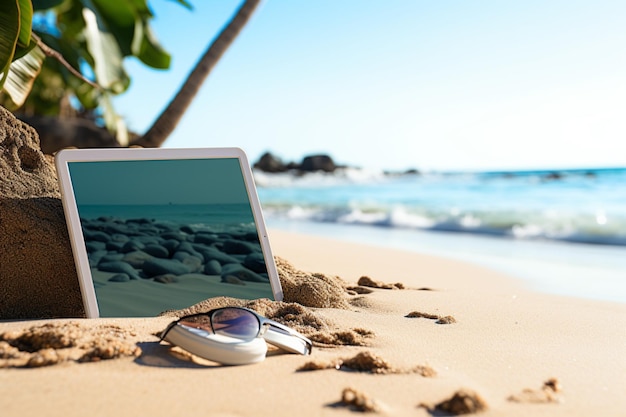 Connexion au bord de la mer En gros plan de la tablette numérique au milieu de la beauté de la plage