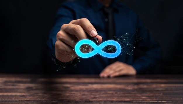 Connexion communautaire de symboles de l'infini de réalité virtuelle du système de technologie de réseau mondial du monde métaverse et élément de signe de boucle abstraite sur la communication numérique d'innovation